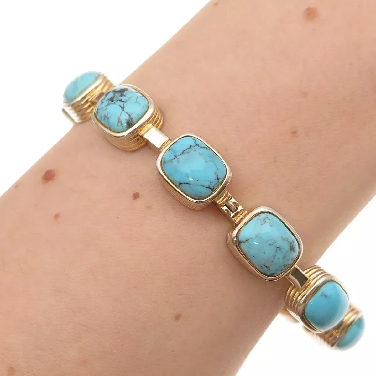 925 Sterling Silver Gold Plated Real Tyrone Turquoise Station Bangle Bracelet 8