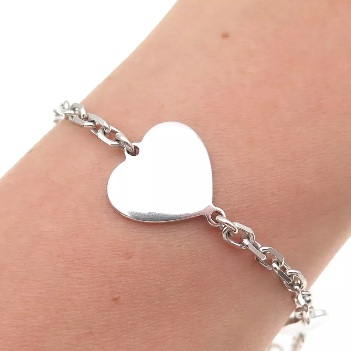 925 Sterling Silver Italy Heart Station Cable Link Bracelet 6.75-7.75