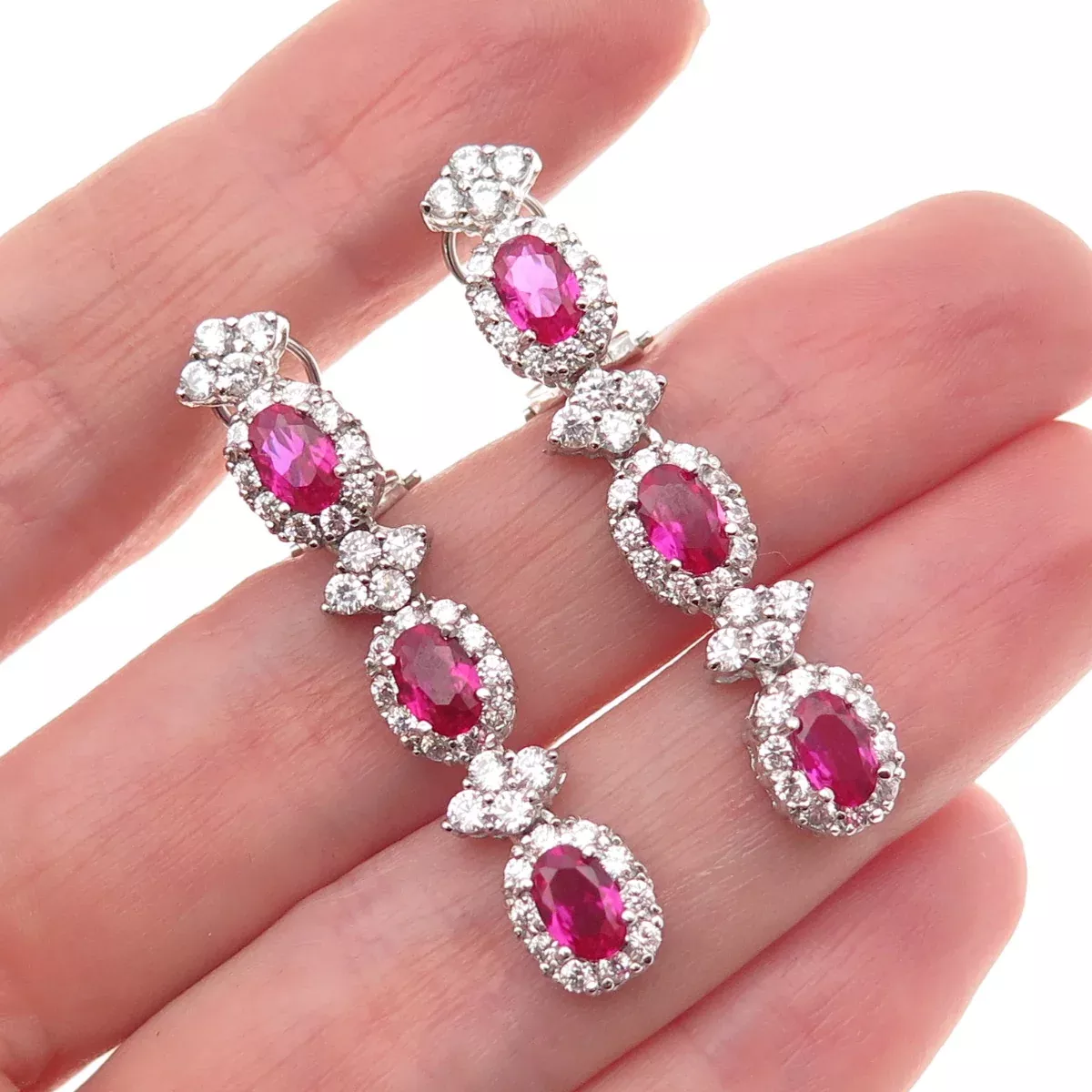 925 Sterling Silver Lab-Created Ruby & C Z Bohemian Omega Back Earrings