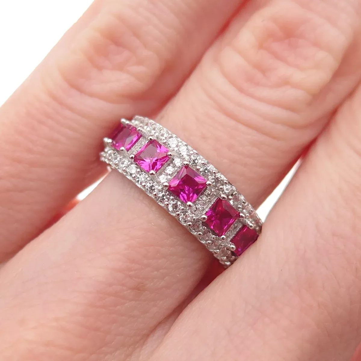 925 Sterling Silver Lab-Created Ruby & C Z Eternity Band Ring Size 5.5