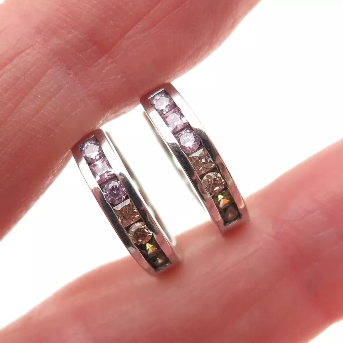 925 Sterling Silver Multi-Color C Z Heart Hoop Earrings