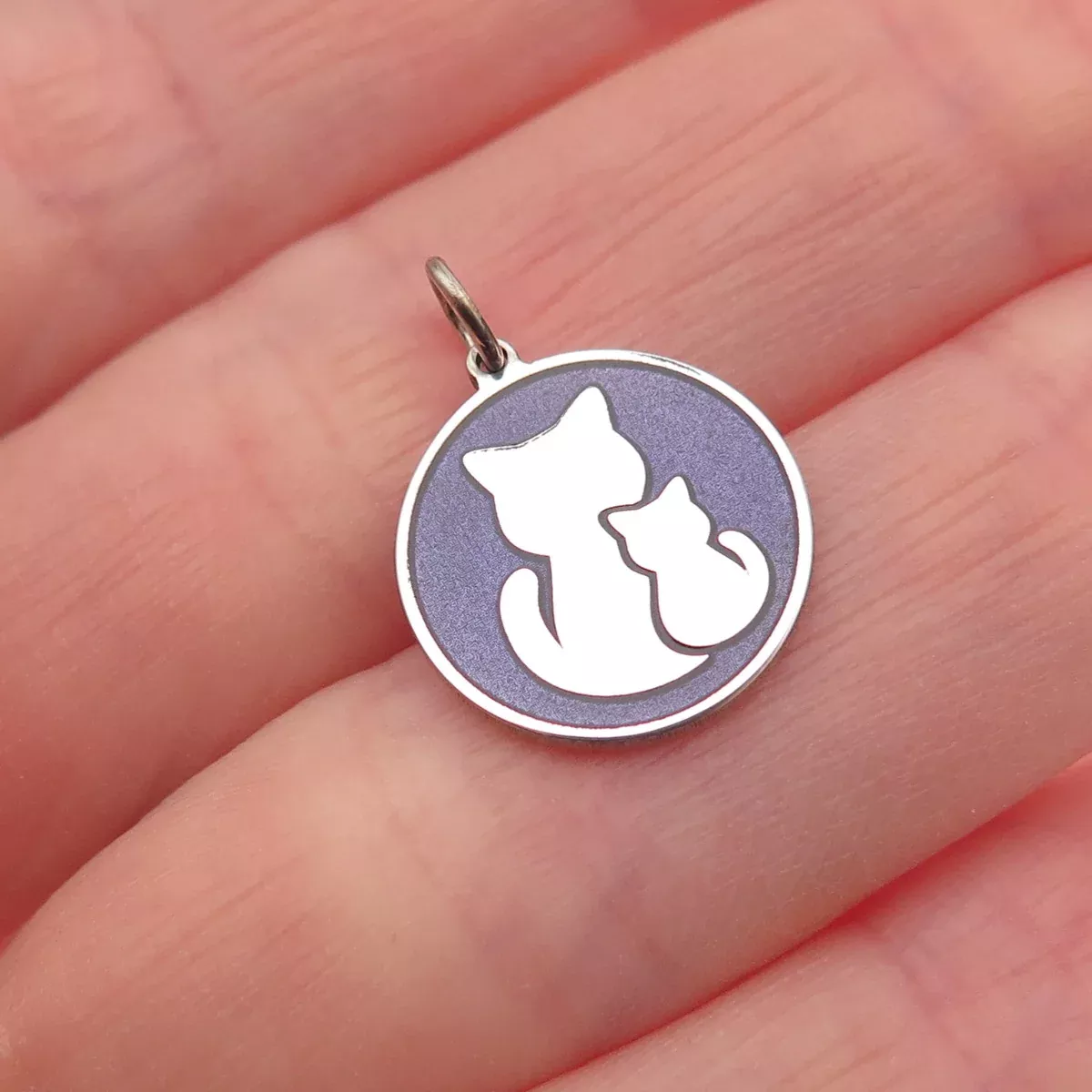 925 Sterling Silver Purple Enamel Mom & Child Cat Round Tag Mini Charm Pendant