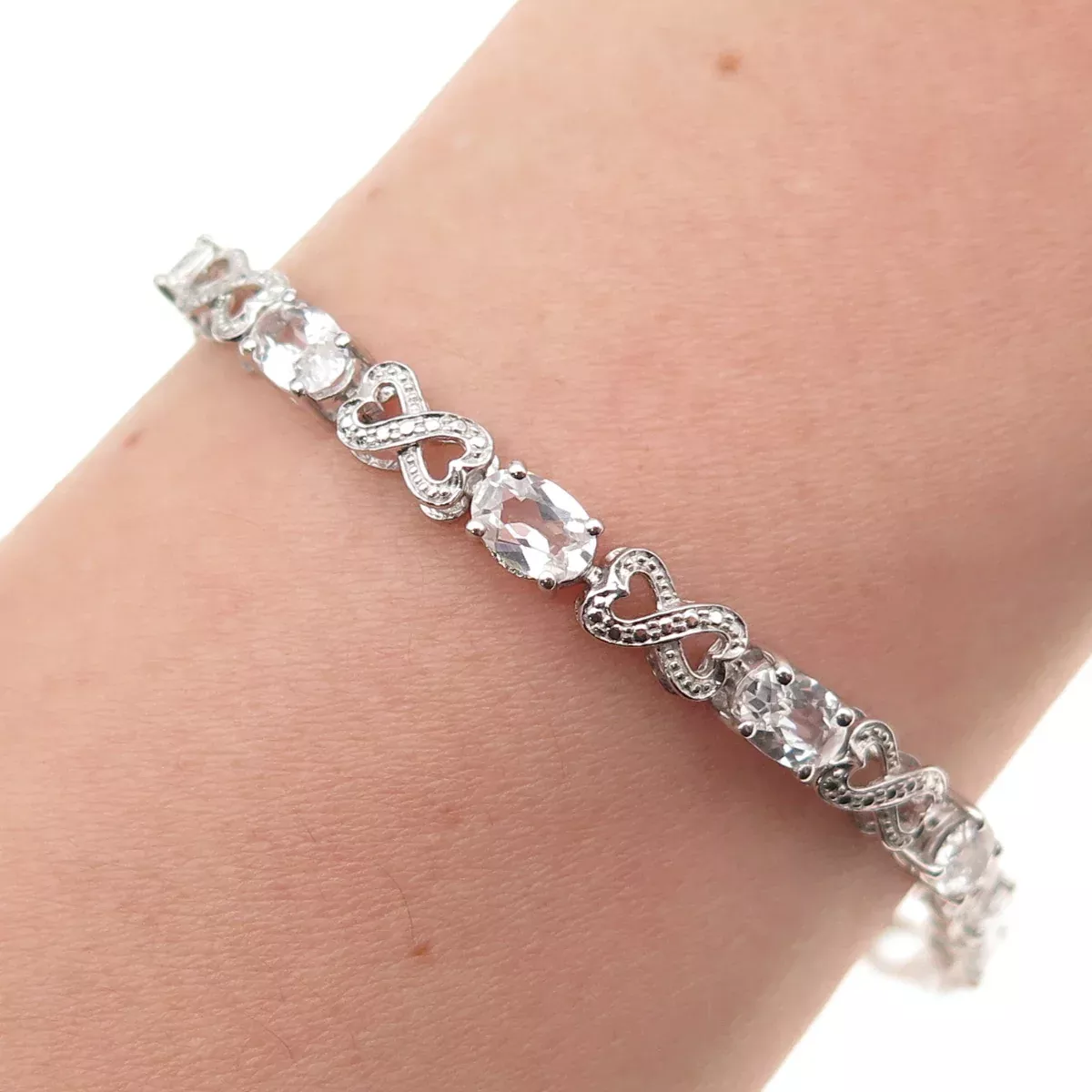 925 Sterling Silver Real Diamond Accent & White Topaz Infinity Bracelet 7.5