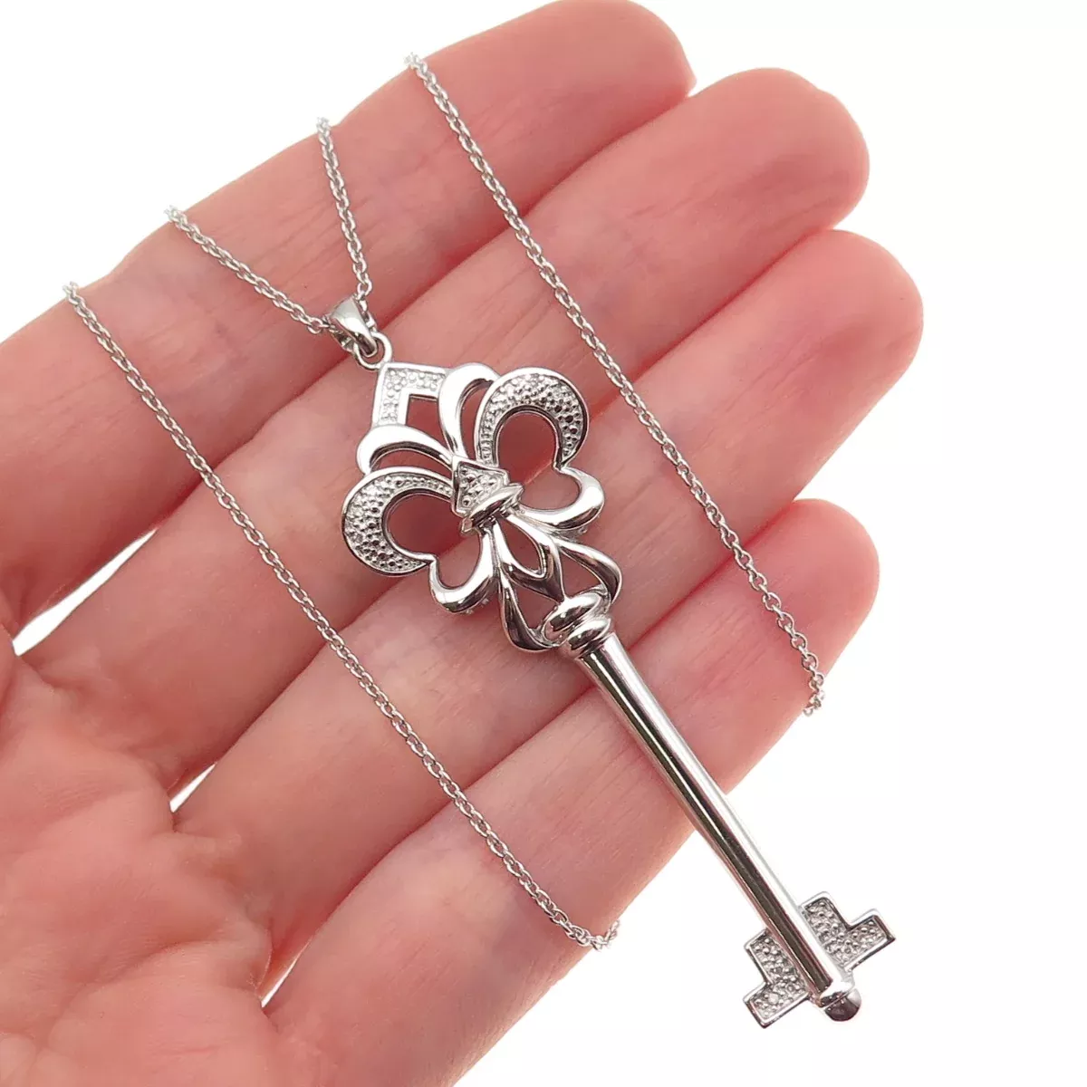 925 Sterling Silver Real Diamond Fleur de Lis Cable Chain Necklace 18