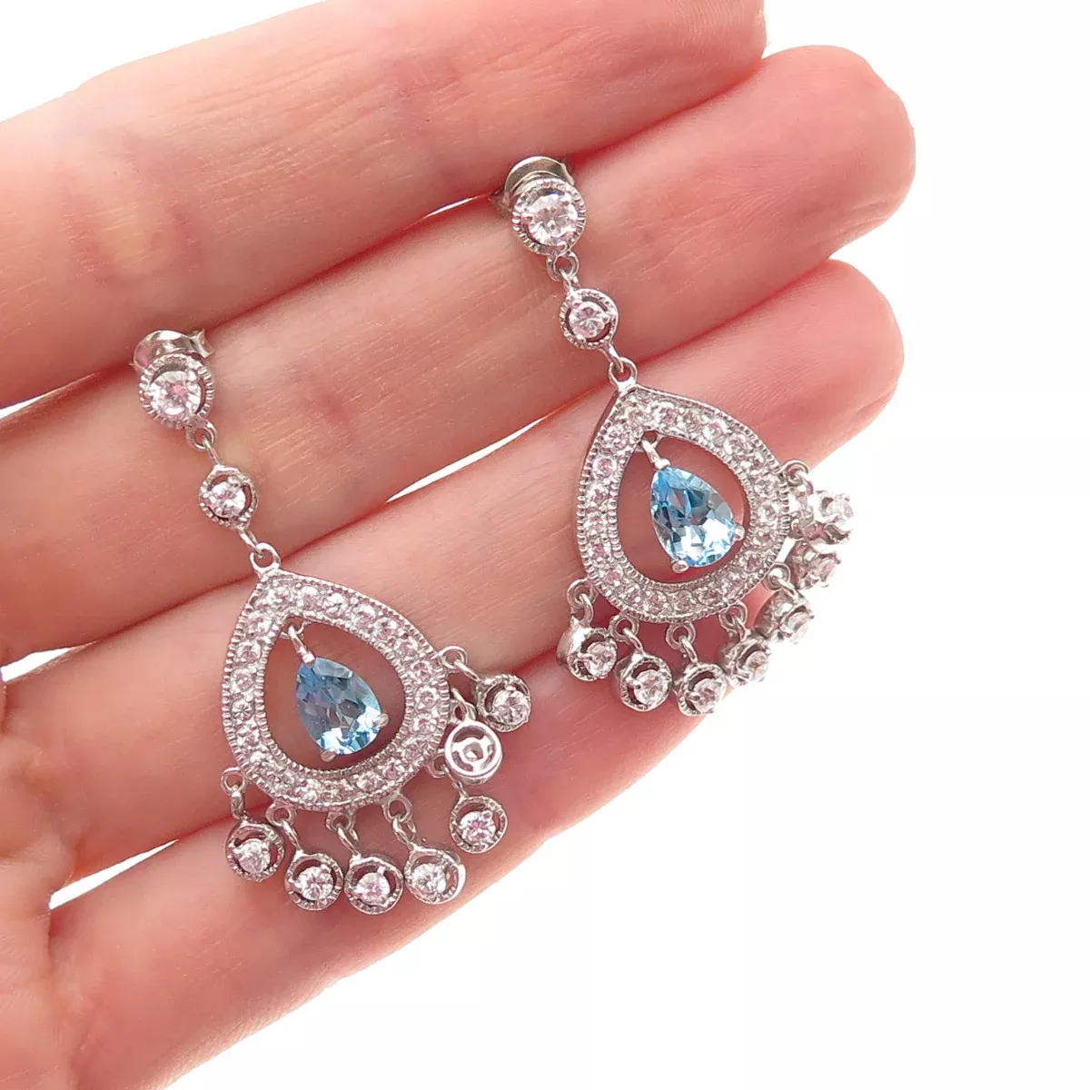 925 Sterling Silver Real Pear-Cut Blue Topaz & C Z Dangle Earrings