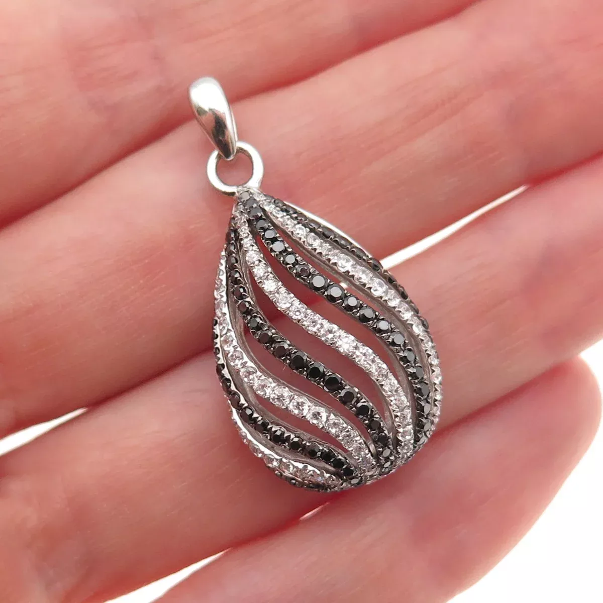925 Sterling Silver Real Round-Cut Black Spinel & C Z Teardrop Charm Pendant