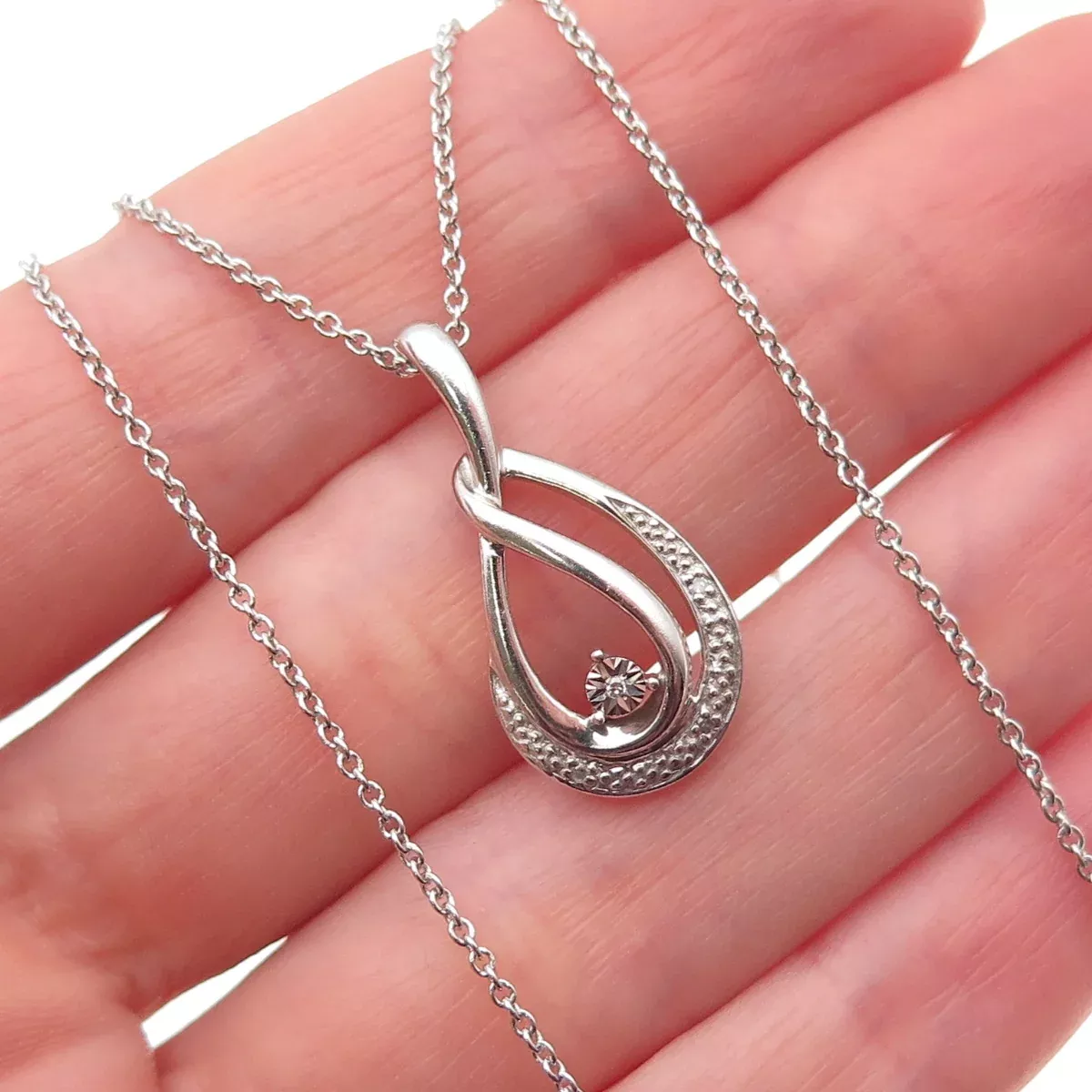 925 Sterling Silver Real Round-Cut Diamond Teardrop Cable Chain Necklace 18