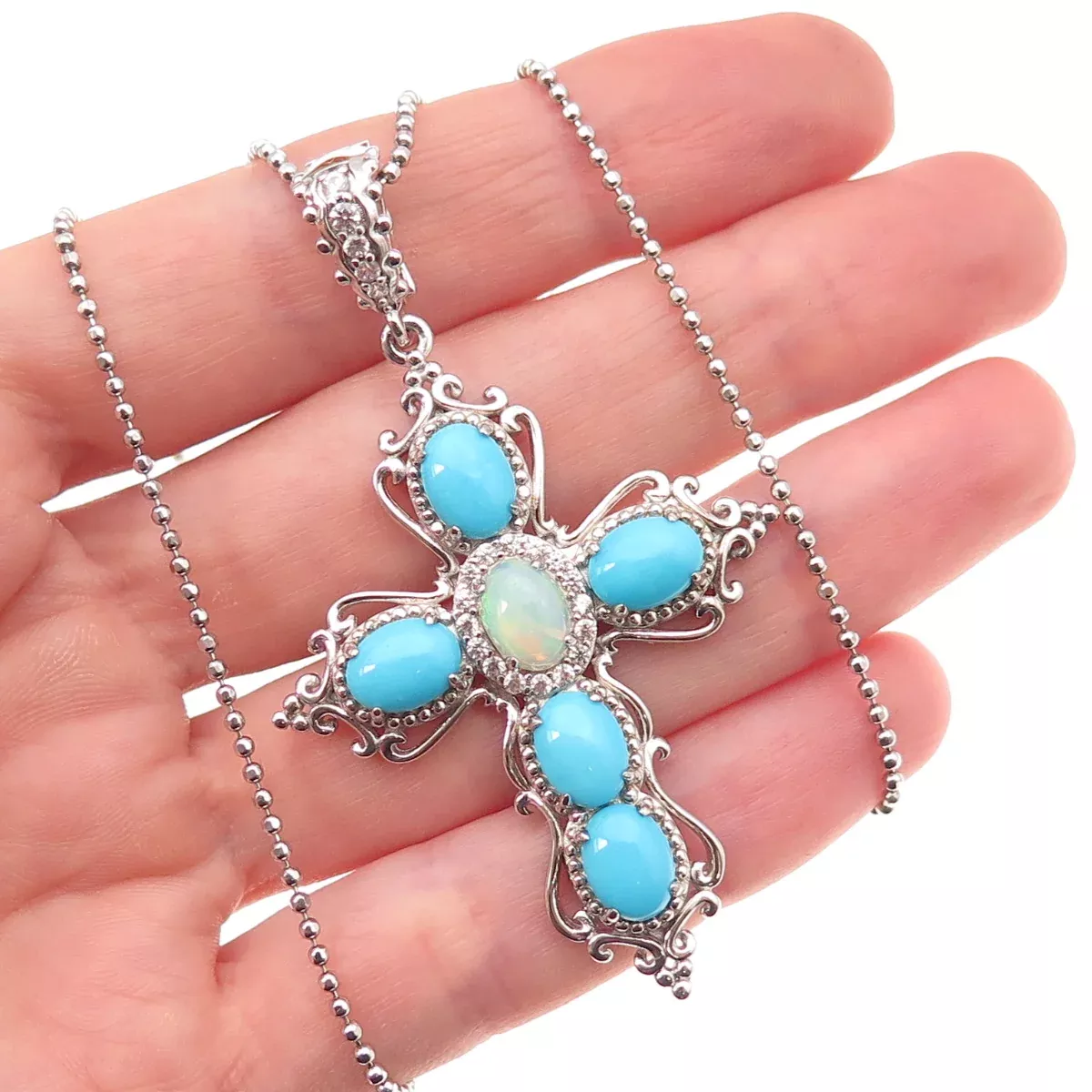 925 Sterling Silver Real Turquoise Opal Topaz Cross Beaded Chain Necklace 20-22