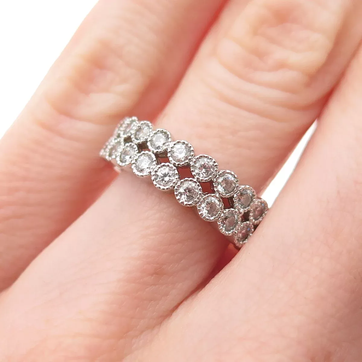 925 Sterling Silver Round-Cut C Z 2-Row Ring Size 6