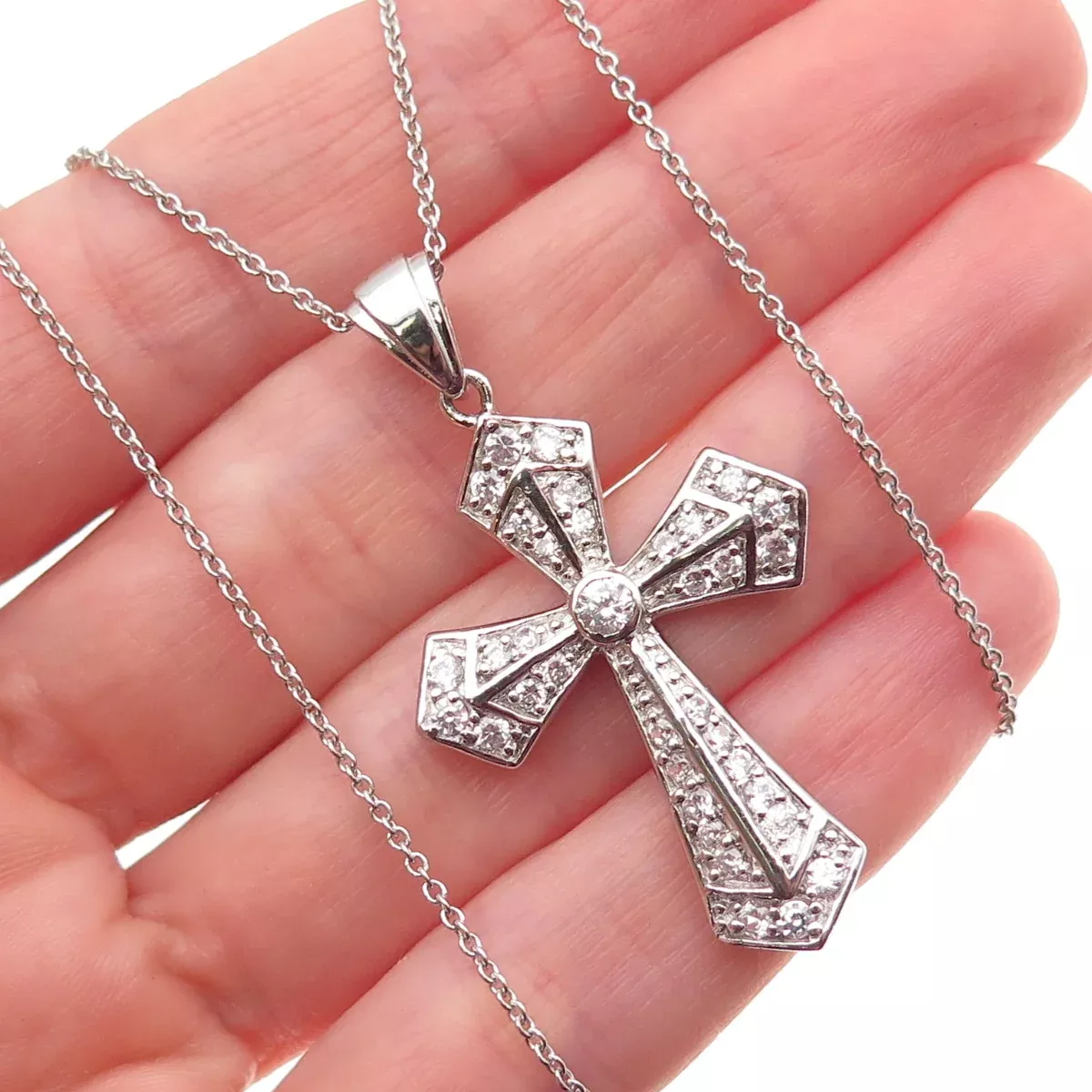 925 Sterling Silver Round-Cut C Z Cross Cable Chain Necklace 18