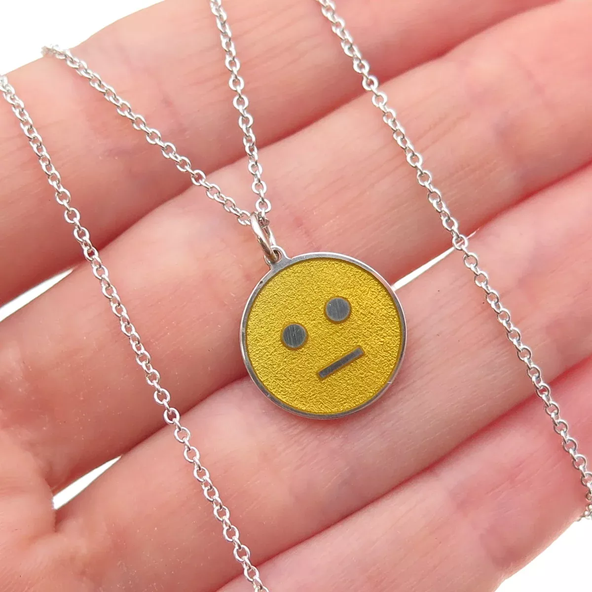 925 Sterling Silver Yellow Enamel Distorted Face Emoji Cable Chain Necklace 18
