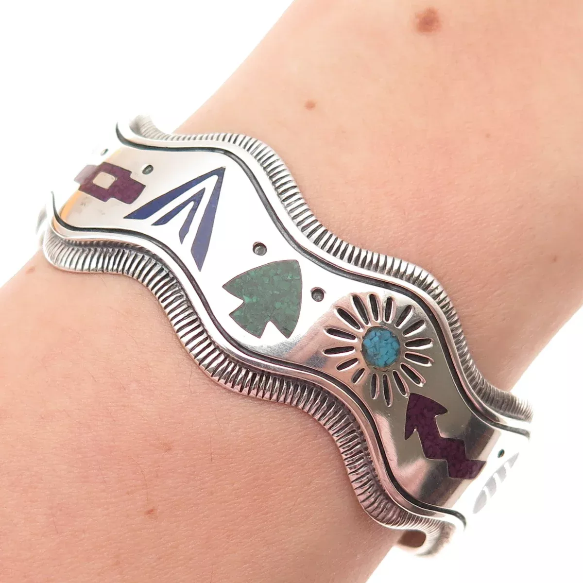 CAROLYN POLLACK Old Pawn Sterling Vintage Multi-Gem Inlay Adjustable Bracelet 6