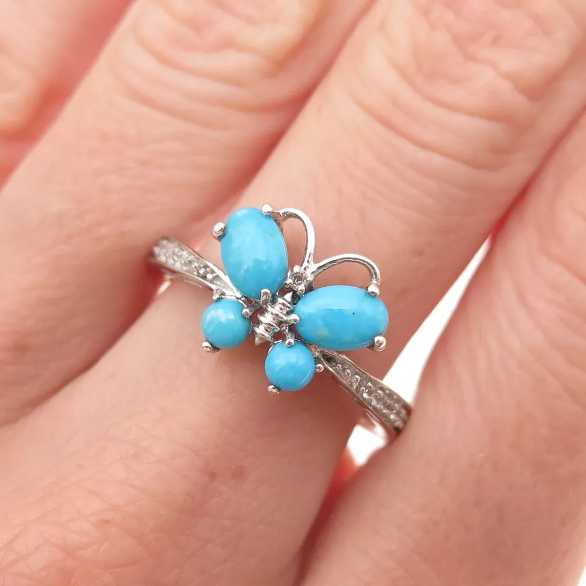 Chuck Clemency 925 Sterling Real Turquoise White Topaz Butterfly Ring Size 8.25