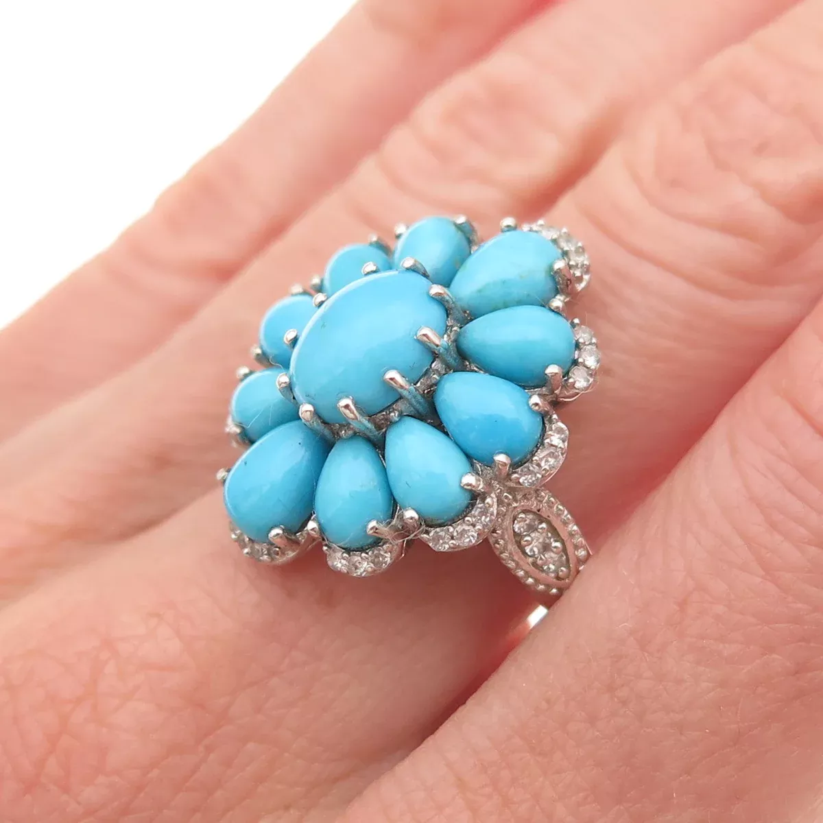 Chuck Clemency 925 Sterling Silver Real Turquoise White Topaz Floral Ring Size 8