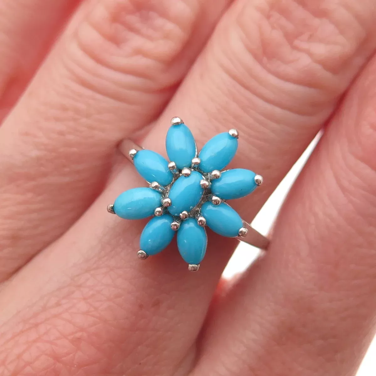 Chuck Clemency Sterling Silver Real Sleeping Beauty Turquoise Floral Ring Size 8