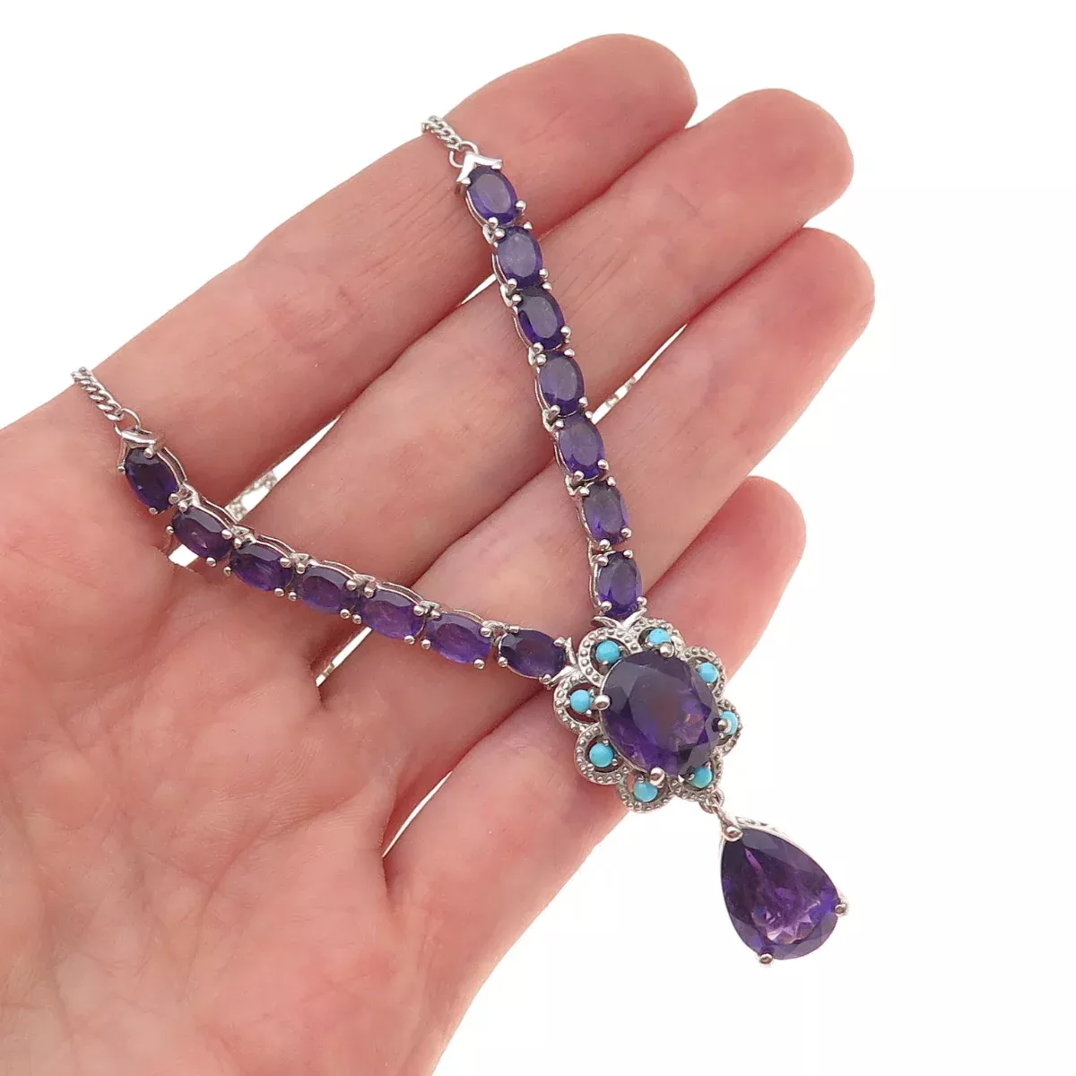 D'Joy 925 Sterling Silver Real Amethyst & Turquoise Cuban Chain Necklace 18-20