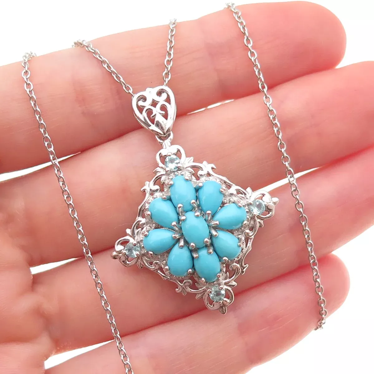 D'Joy 925 Sterling Silver Real Turquoise & Aquamarine Cable Chain Necklace 20