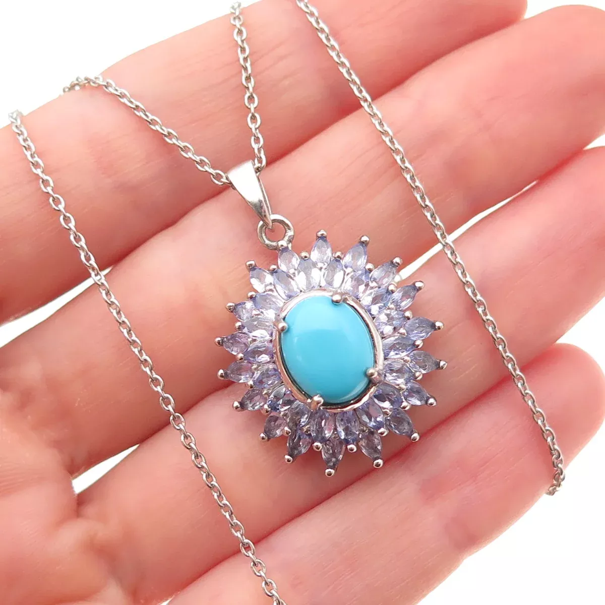 D'Joy 925 Sterling Silver Real Turquoise & Tanzanite Cable Chain Necklace 20