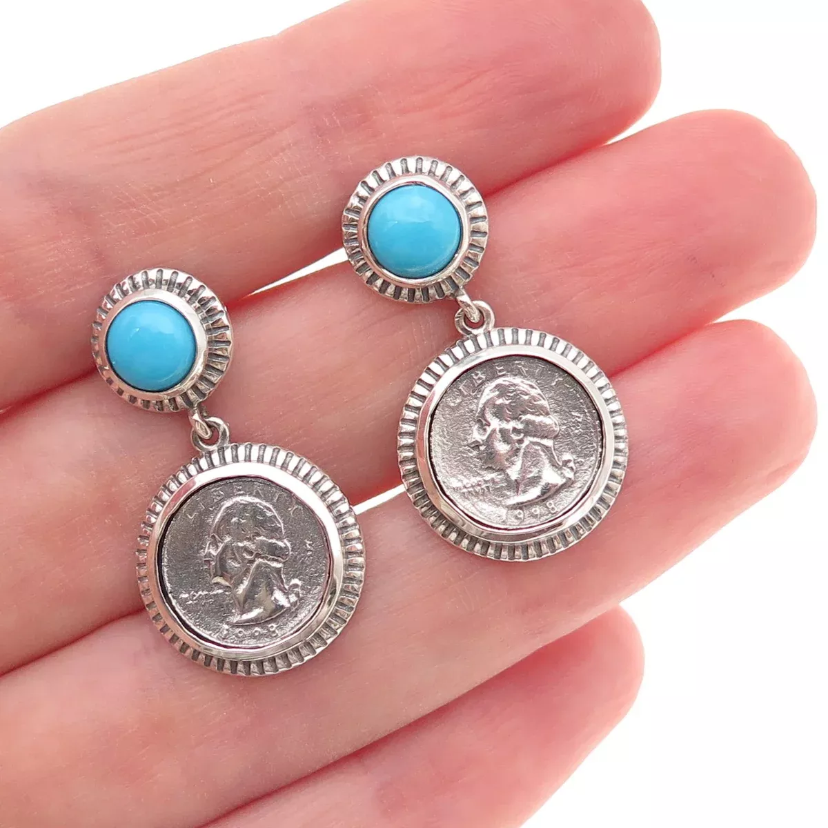 D'Joy 925 Sterling Silver Real Turquoise Washington Quarter Coin Dangle Earrings