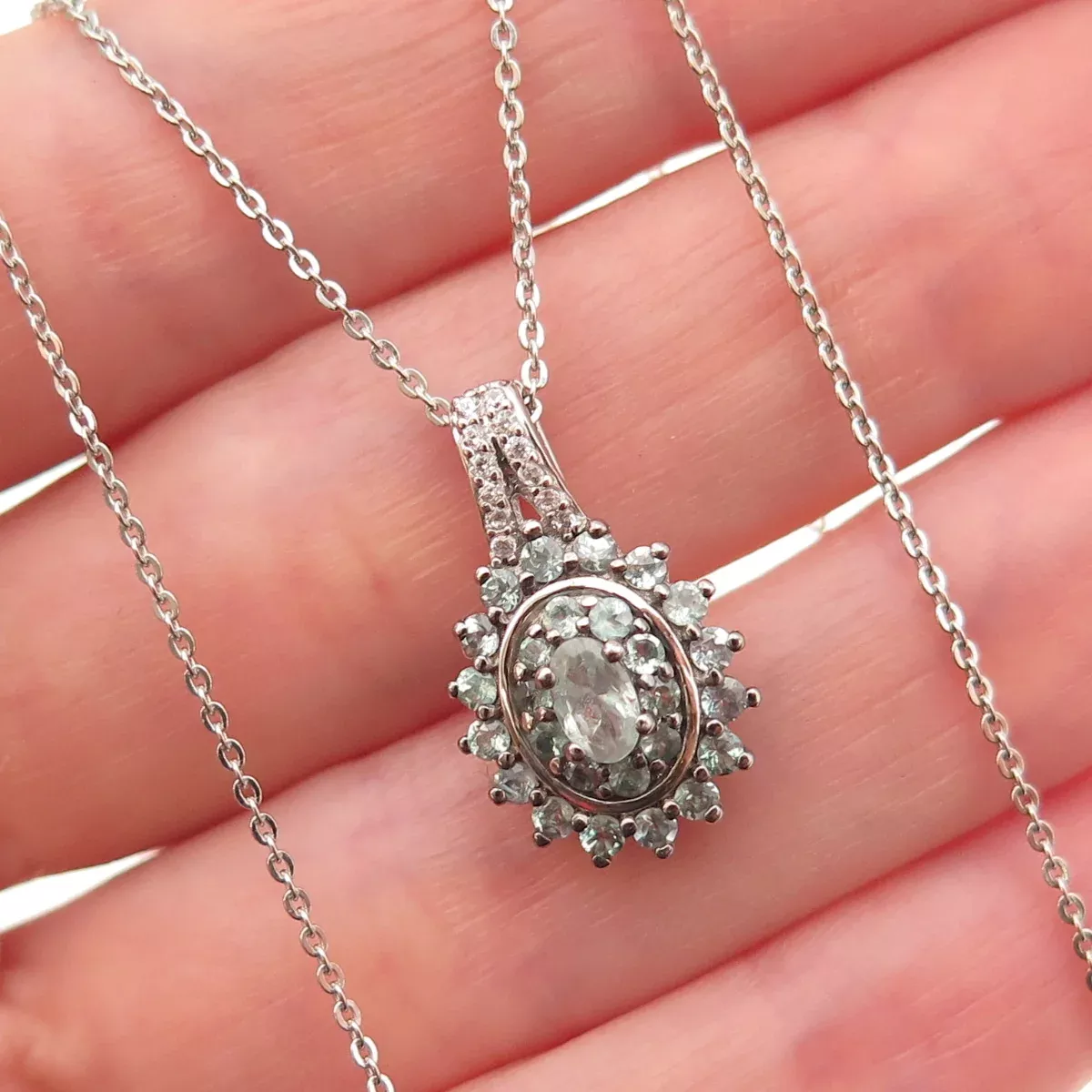 D'Joy Sterling Silver Real Green Sapphire & White Topaz Cable Chain Necklace 20