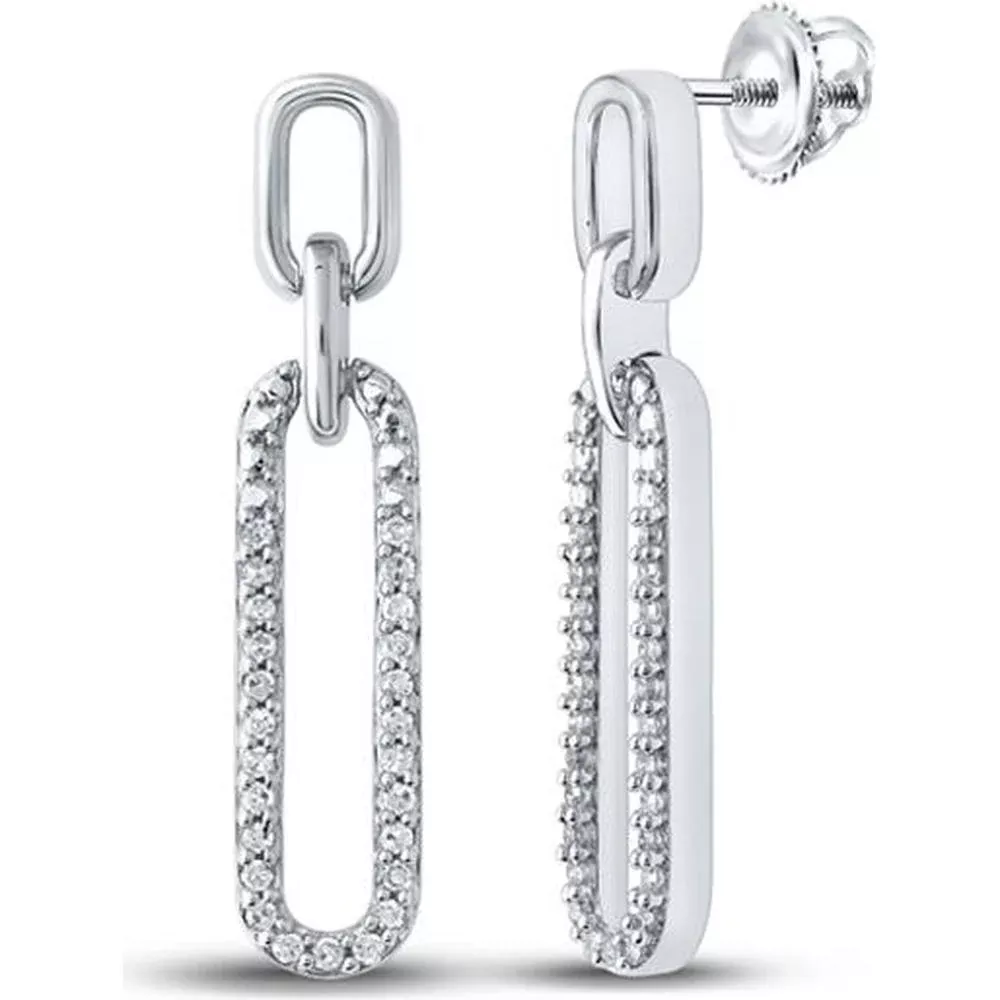 GND 10K White Gold Round Diamond Oblong Dangle Earrings - 0.20 Carat Total Diamond Weight