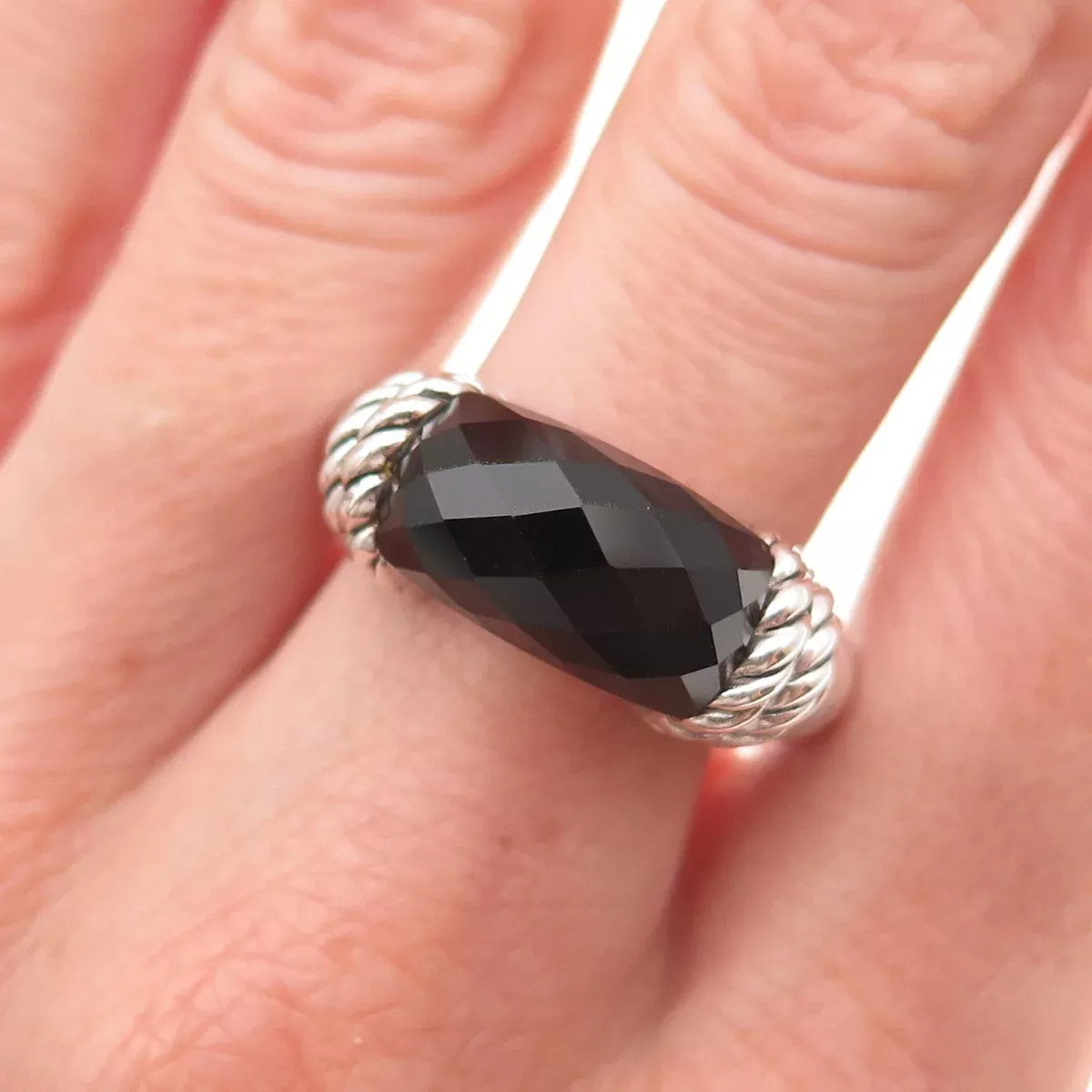 Judith Ripka 925 Sterling Silver Real Black Onyx Roped Ring Size 9