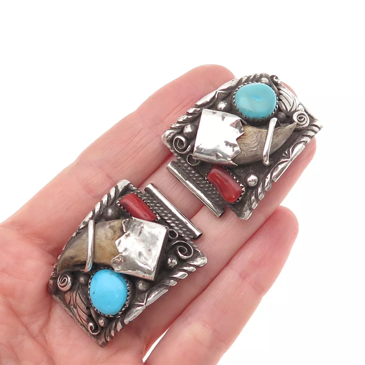 Larry Ruiz Navajo Old Pawn Sterling Silver Vintage Turquoise & Coral Watch Band