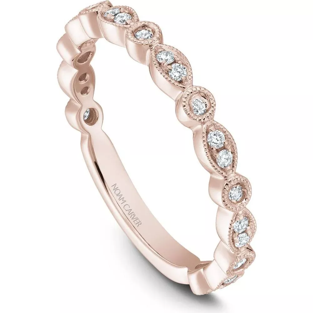 Noam Carver 14K Rose Gold Stackable Wedding Band with Milgrain Setting and Round Cut Diamonds - 0.19 Carat Total Diamond Weight