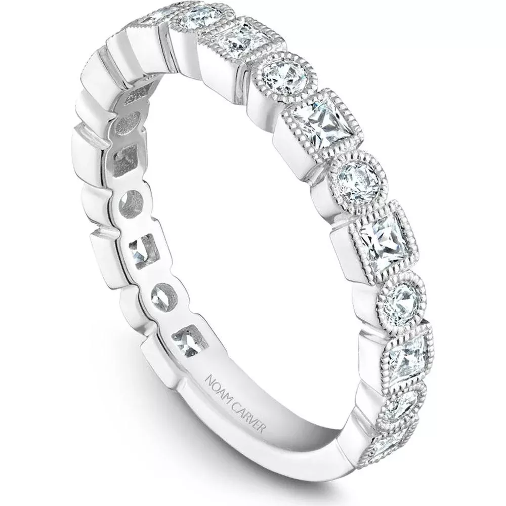 Noam Carver 14K White Gold Stackable Wedding Band with Princess and Round Cut Diamonds - 0.81 Carat Total Diamond Weight