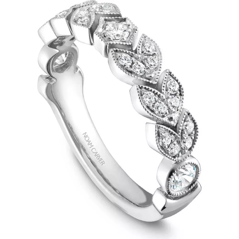 Noam Carver 14K White Gold Stackable Wedding Band with Round-Cut Diamonds and Milgrain Detail - 0.15 Carat Total Diamond Weight