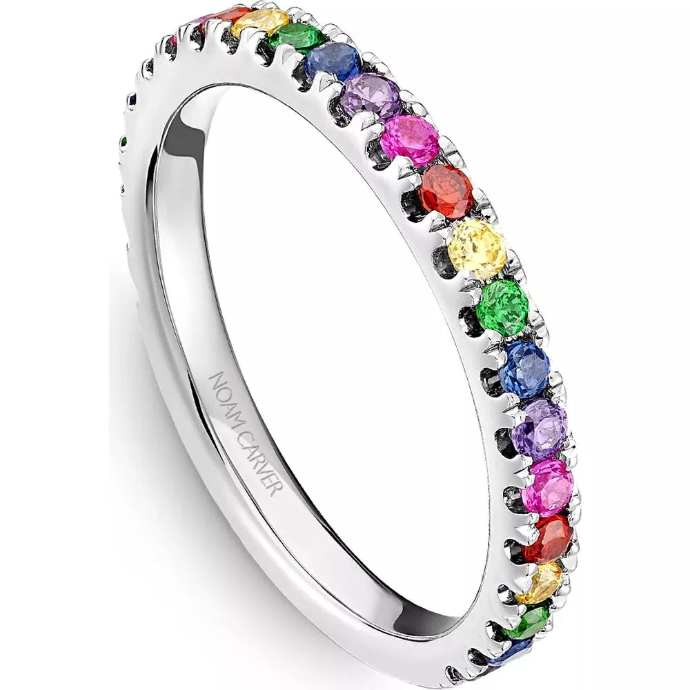 Noam Carver 14K White Gold Stackable Wedding Band with Round Cut Rubies, Blue Sapphires, Emeralds, and Multi-Color Sapphires - 0.53 Carat Total Gem Weight
