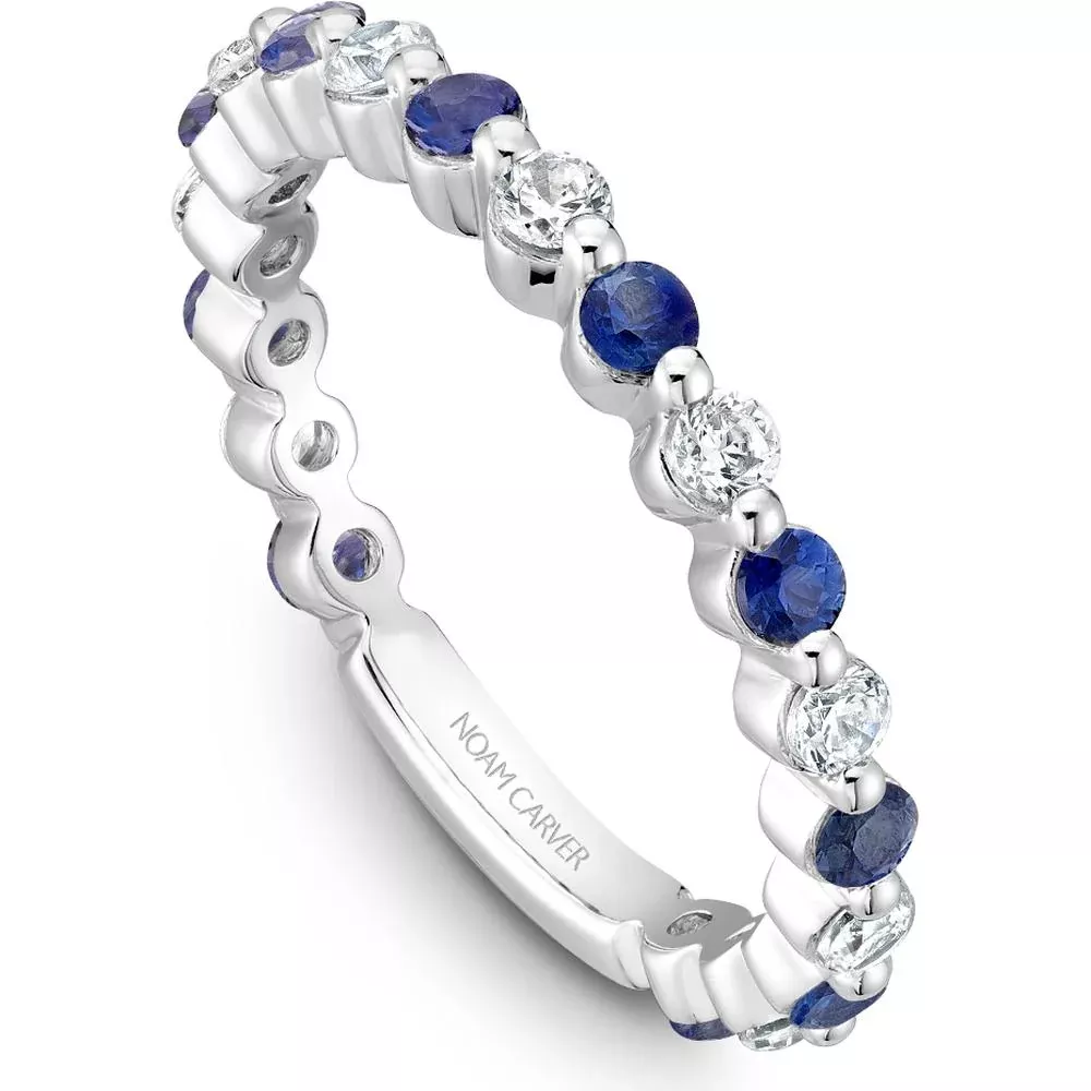 Noam Carver 14K White Gold Stackable Wedding Band with Round Diamonds and Blue Sapphires - 0.97 Carat Total Gem Weight