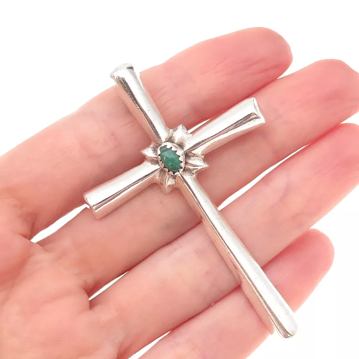 Old Pawn 925 Sterling Silver Vintage Malachite Cross Tribal Pin Brooch/ Pendant