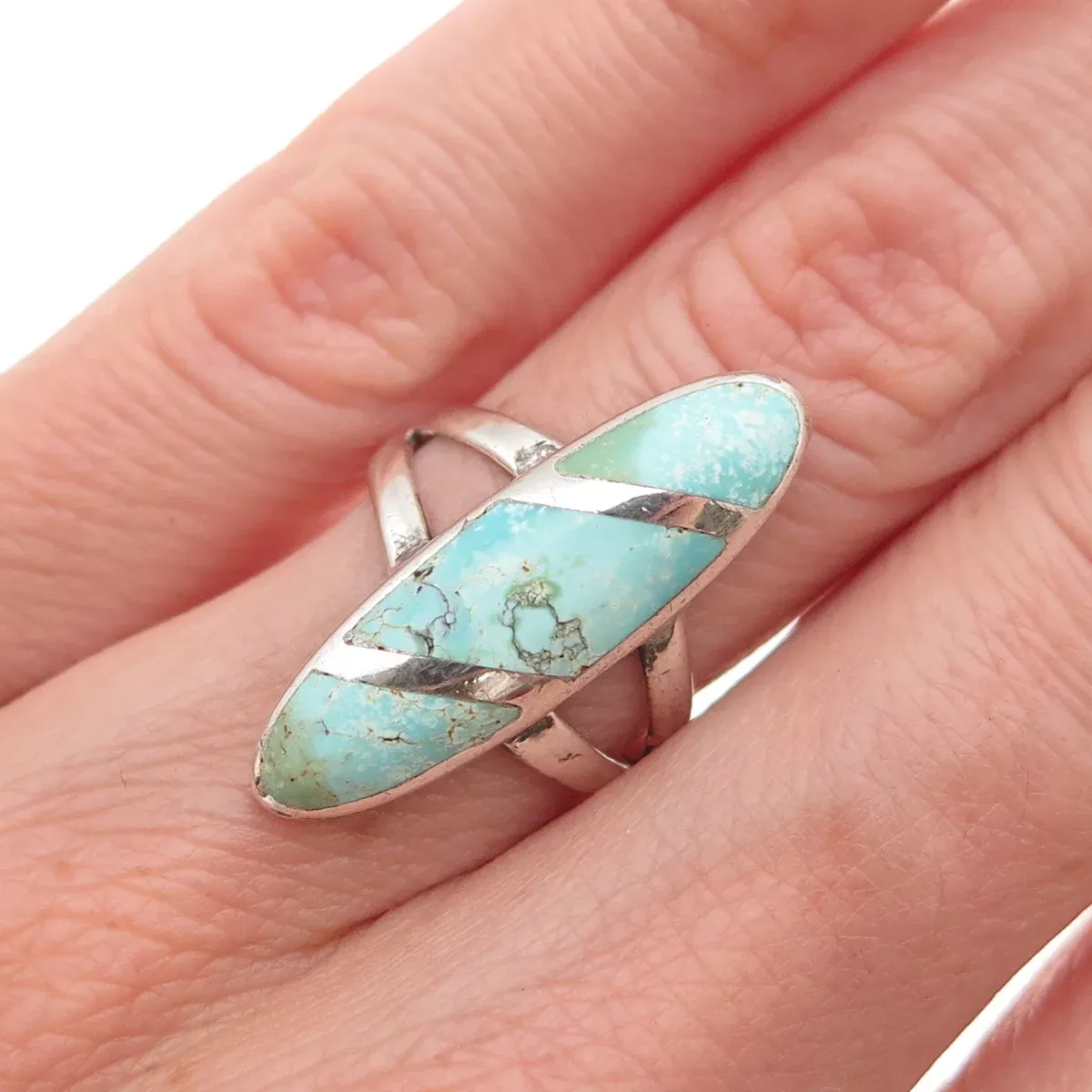 Old Pawn 925 Sterling Silver Vintage Southwestern Tyrone Turquoise Ring Size 5