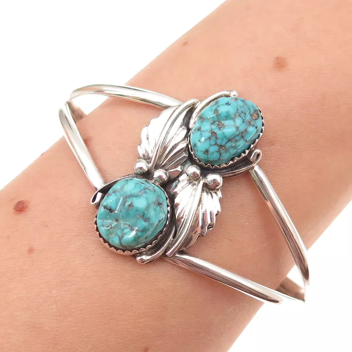 Old Pawn 925 Sterling Silver Vintage Turquoise Floral Adjustable Bracelet 6.25