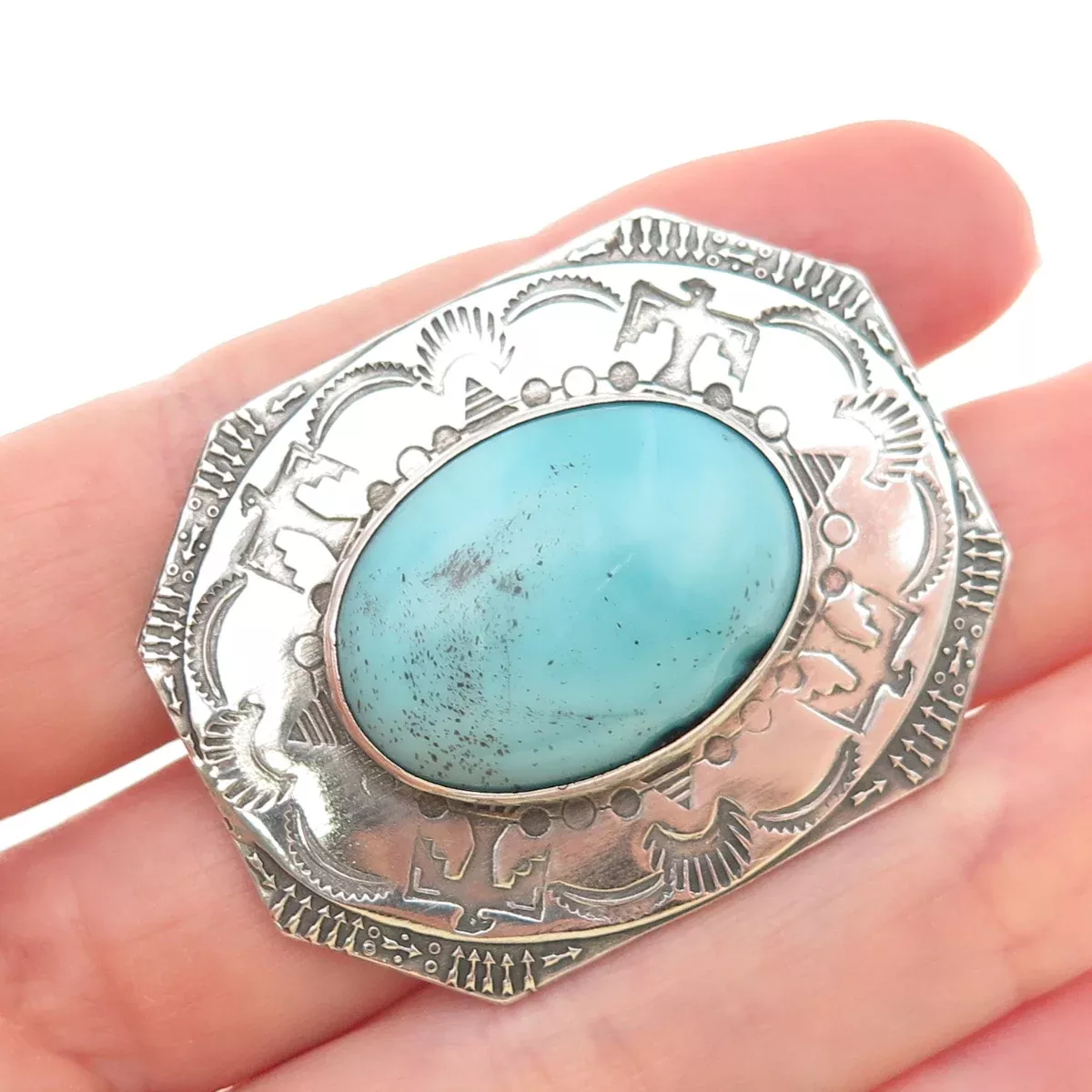 Old Pawn Sterling Silver Vintage Southwestern Turquoise Thunderbird Pin Brooch