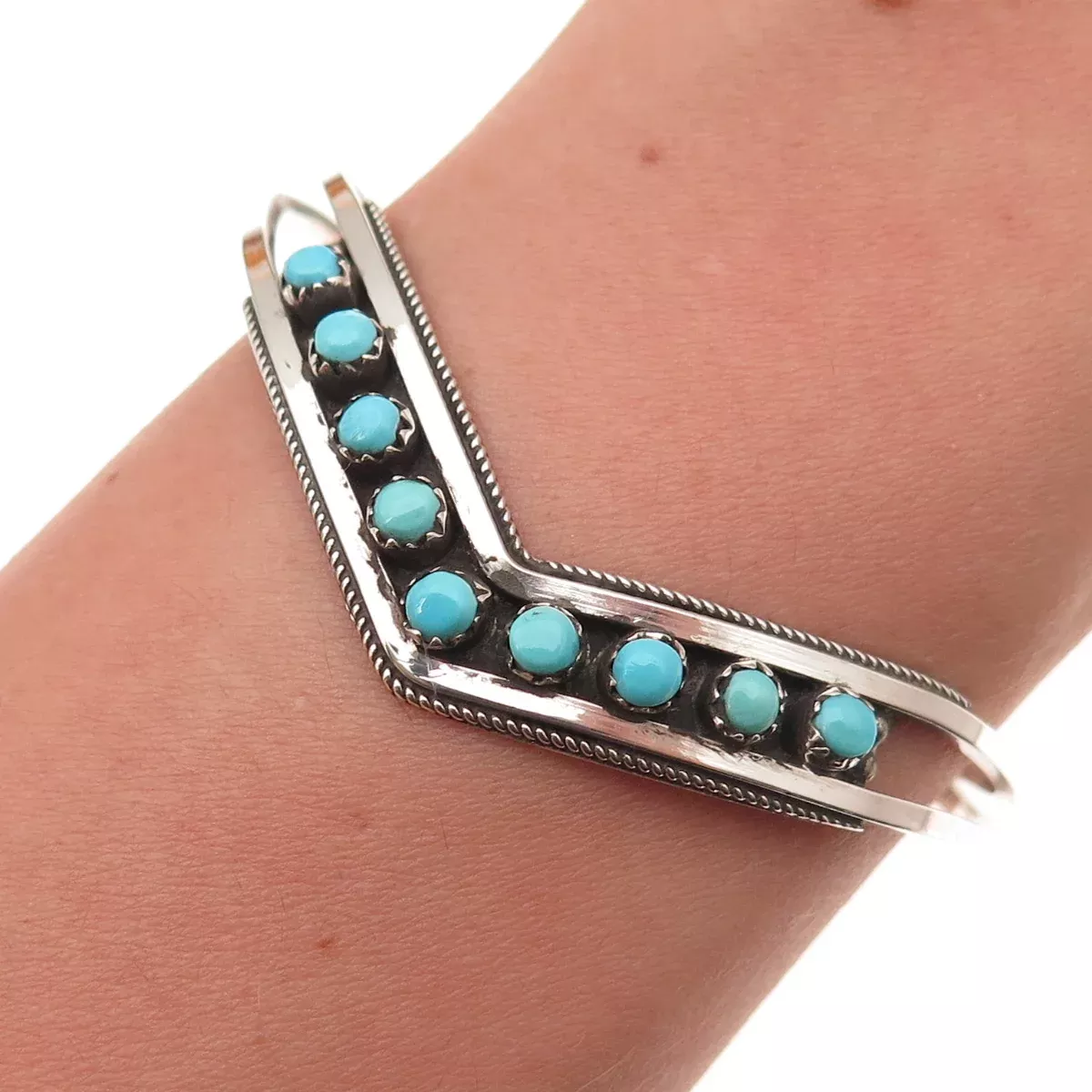 Old Pawn Sterling Silver Vintage Turquoise Snake Eye Adjustable Bracelet 5.5