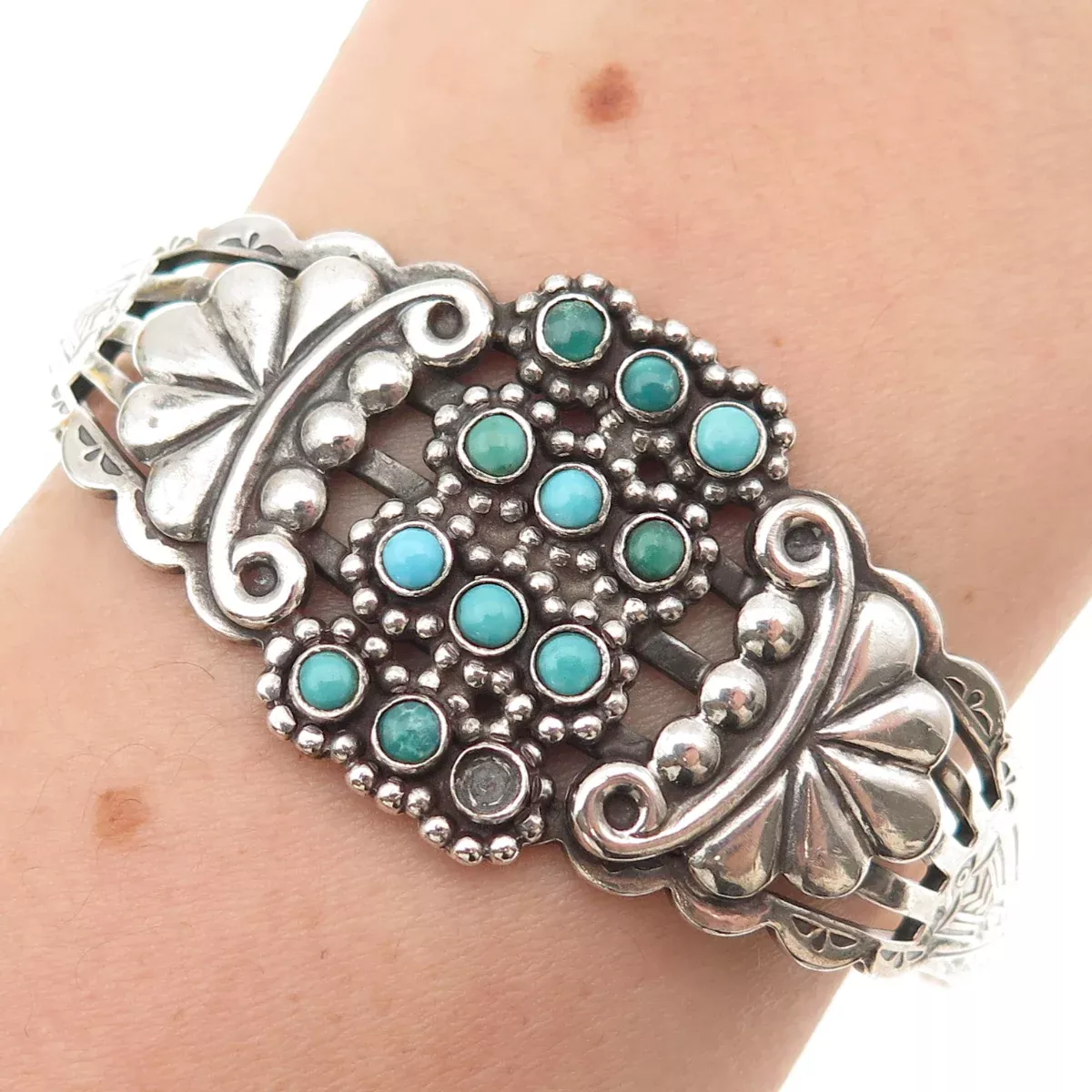 Old Pawn Sterling Vintage Turquoise Snake Eye Bracelet 6.5