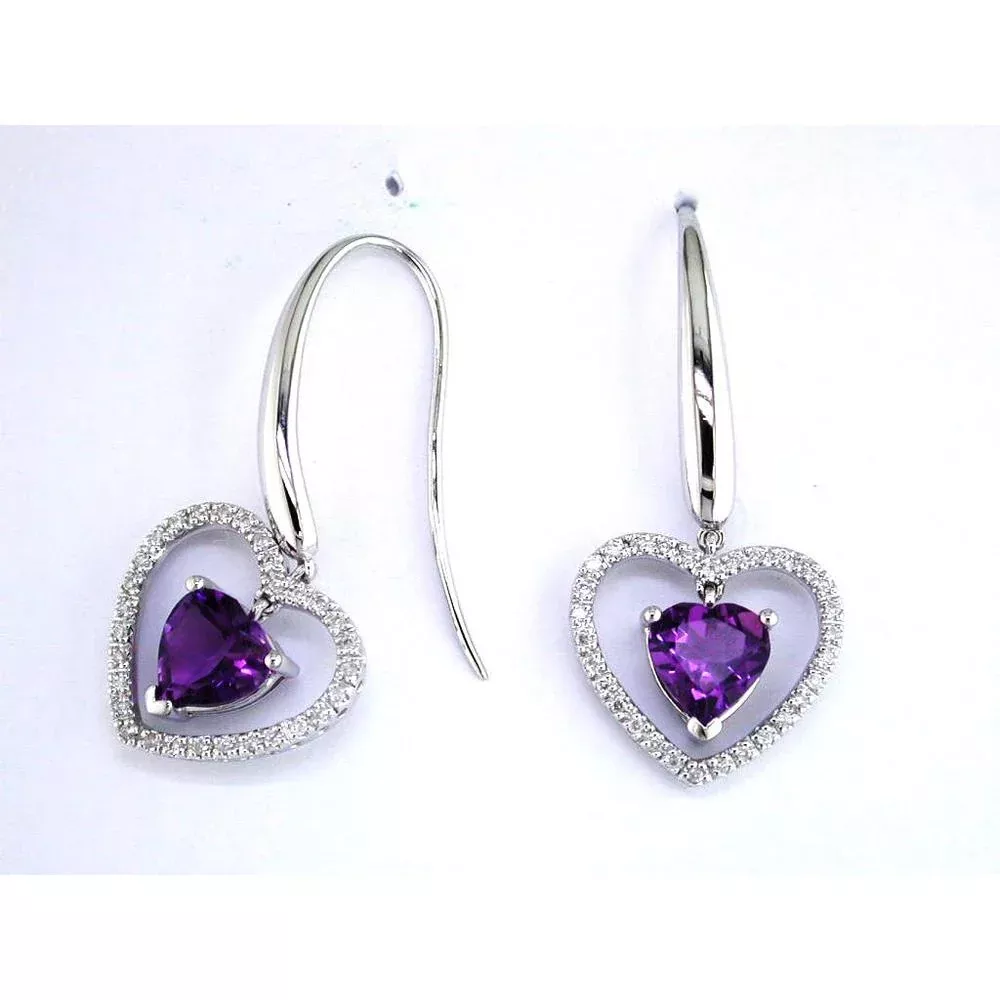 Royal 14K White Gold Amethyst & Diamond Heart Earrings - 2.20 Carat Main Stone