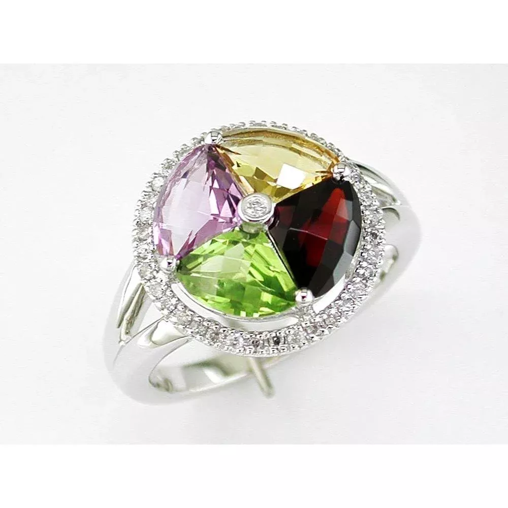Royal 14K White Gold Multi Color Gemstone and Diamond Ring