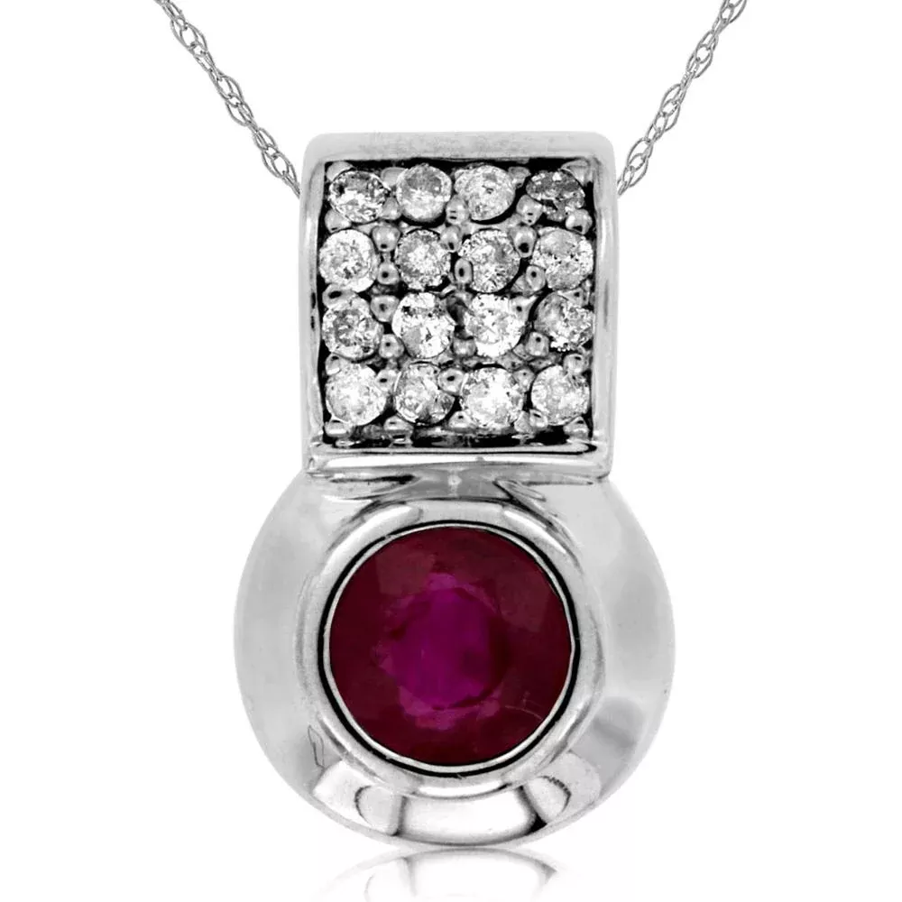 Royal 14K White Gold Ruby & Diamond Pendant - 0.45 Carat Ruby, 0.18 Carat Diamond Total
