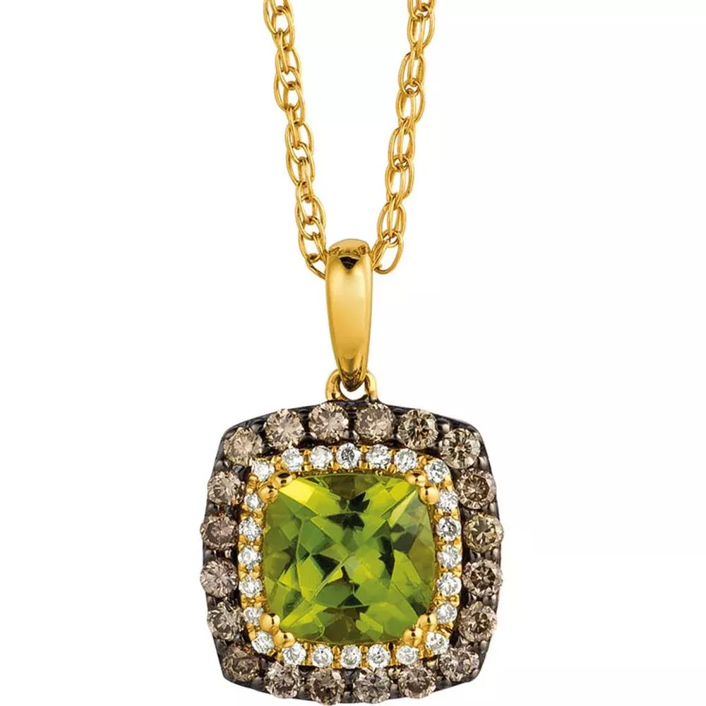 Royal 14K Yellow Gold Cushion Cut Peridot and Diamond Pendant