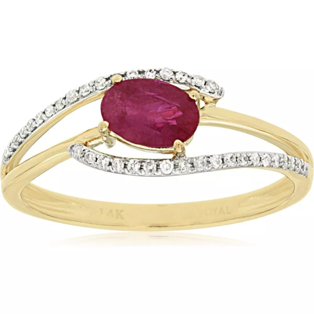 Royal 14K Yellow Gold Oval Ruby & Diamond Ring - 0.55 Carat Ruby, 0.12 Carat Diamond Total Weight