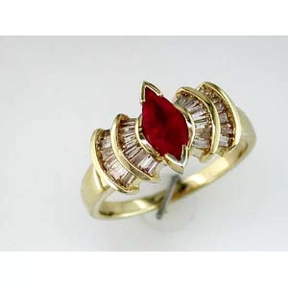 Royal 14K Yellow Gold Ruby Marquise Ring - 0.55 Carat Ruby & Baguette Diamond Accents