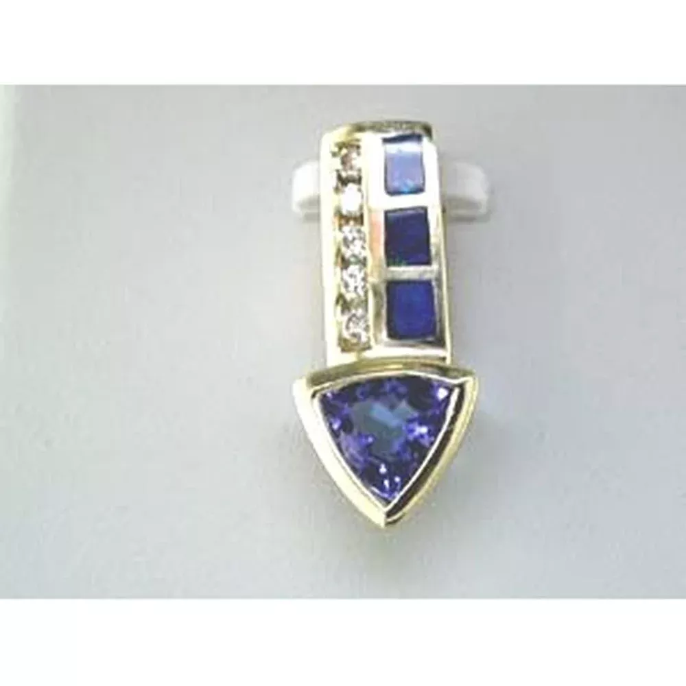 Royal 14K Yellow Gold Tanzanite & Opal Pendant - Timeless Elegance in Trillion Cut