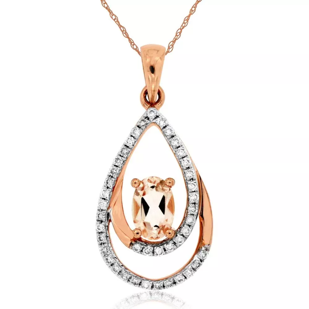 Royal Rose Gold Morganite and Diamond Oval Pendant - 0.57 Carat Total Gem Weight