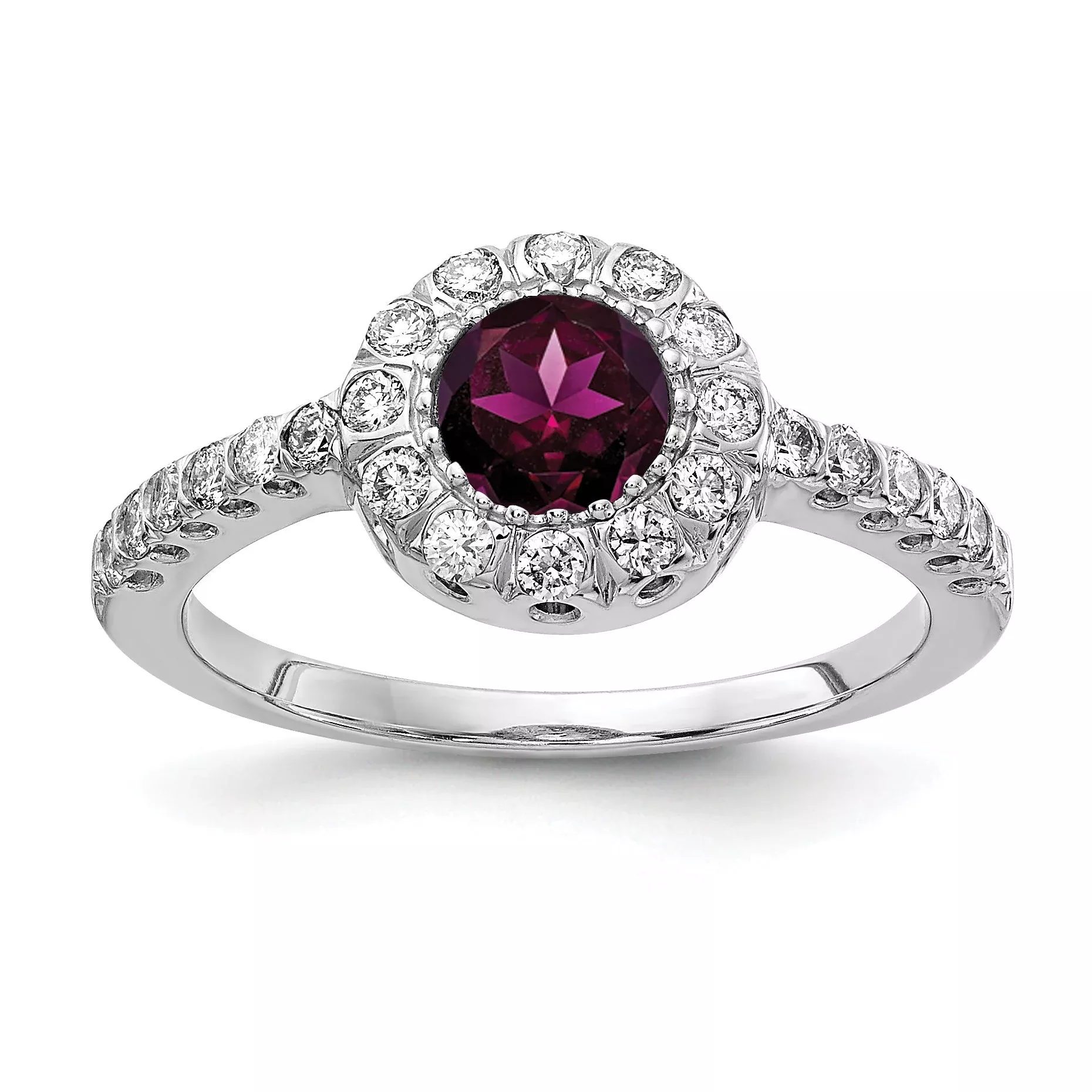 Solid 14k White Gold 5mm Rhodolite Simulated Garnet AAA CZ Ring