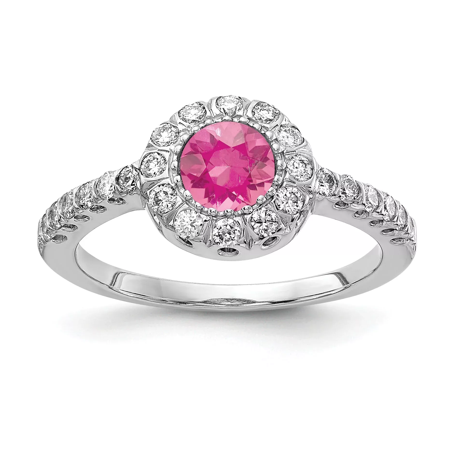 Solid 14k White Gold 5mm Simulated Pink Tourmaline AAA CZ Ring