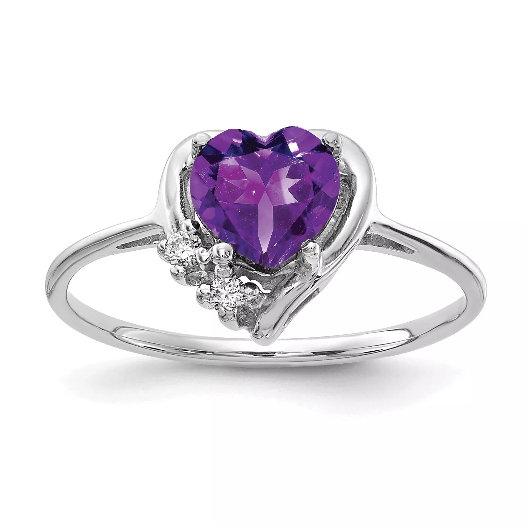 Solid 14k White Gold 6mm Heart Simulated Amethyst AA CZ Ring