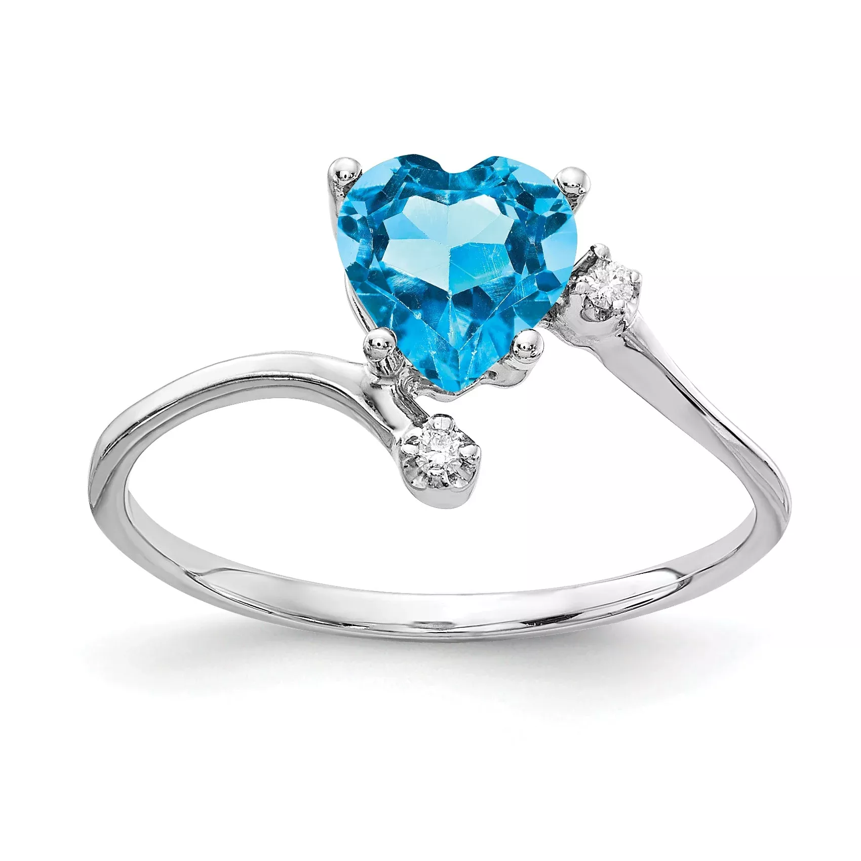 Solid 14k White Gold 6mm Heart Simulated Blue Topaz AA CZ Ring